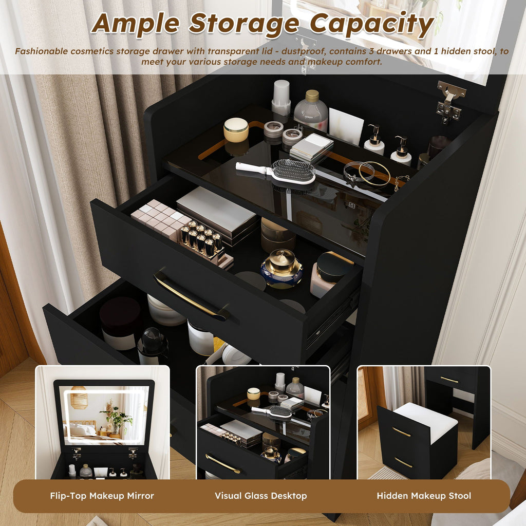 3 In 1 Vanity Desk With Open Top Mirror, Glass Desktop Makeup Set With 3 Drawers, Compact Dressing Table For Bedroom - Black