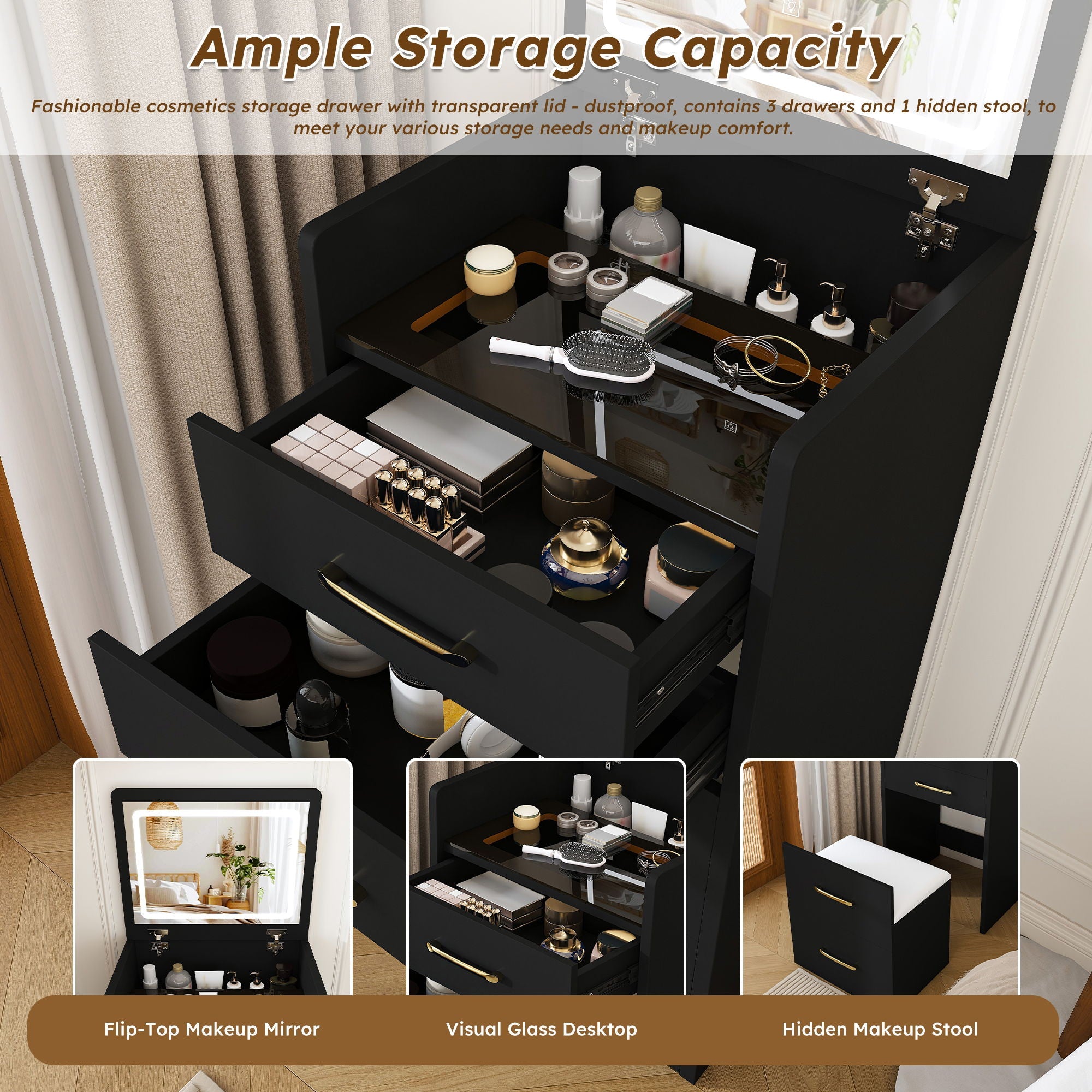3 In 1 Vanity Desk With Open Top Mirror, Glass Desktop Makeup Set With 3 Drawers, Compact Dressing Table For Bedroom - Black