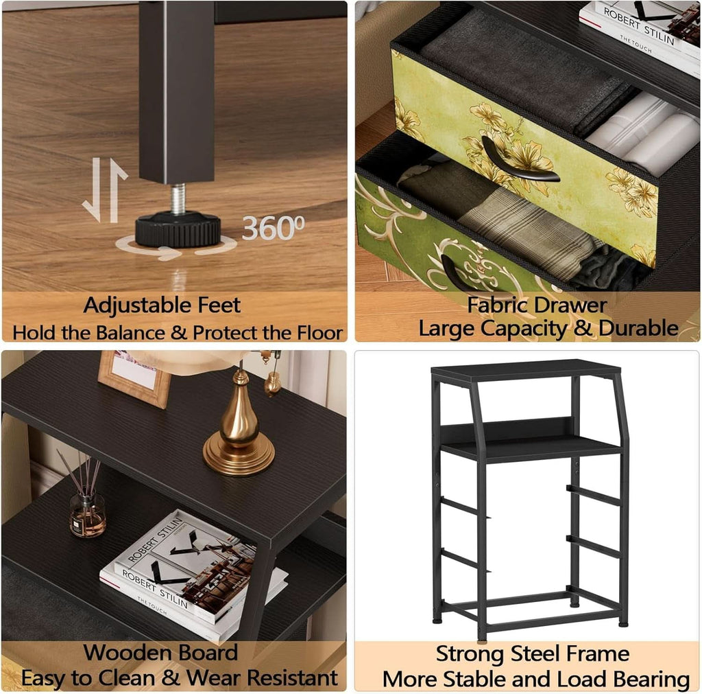 Retro Nightstand With 3 Drawers And 2 Tier Shelf Storage