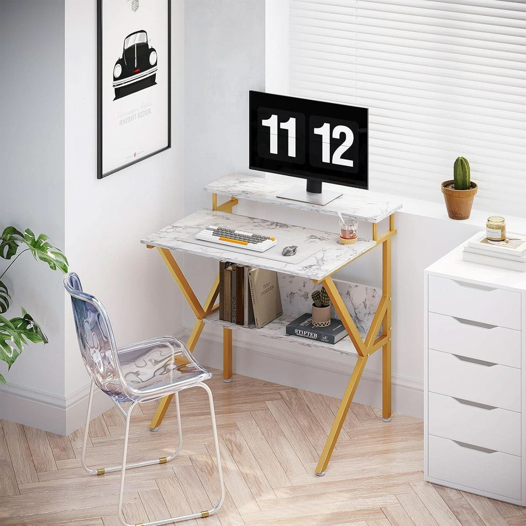 27.5 Inch Computer Desk With Monitor Stand And Storage White Marble Gold Leg