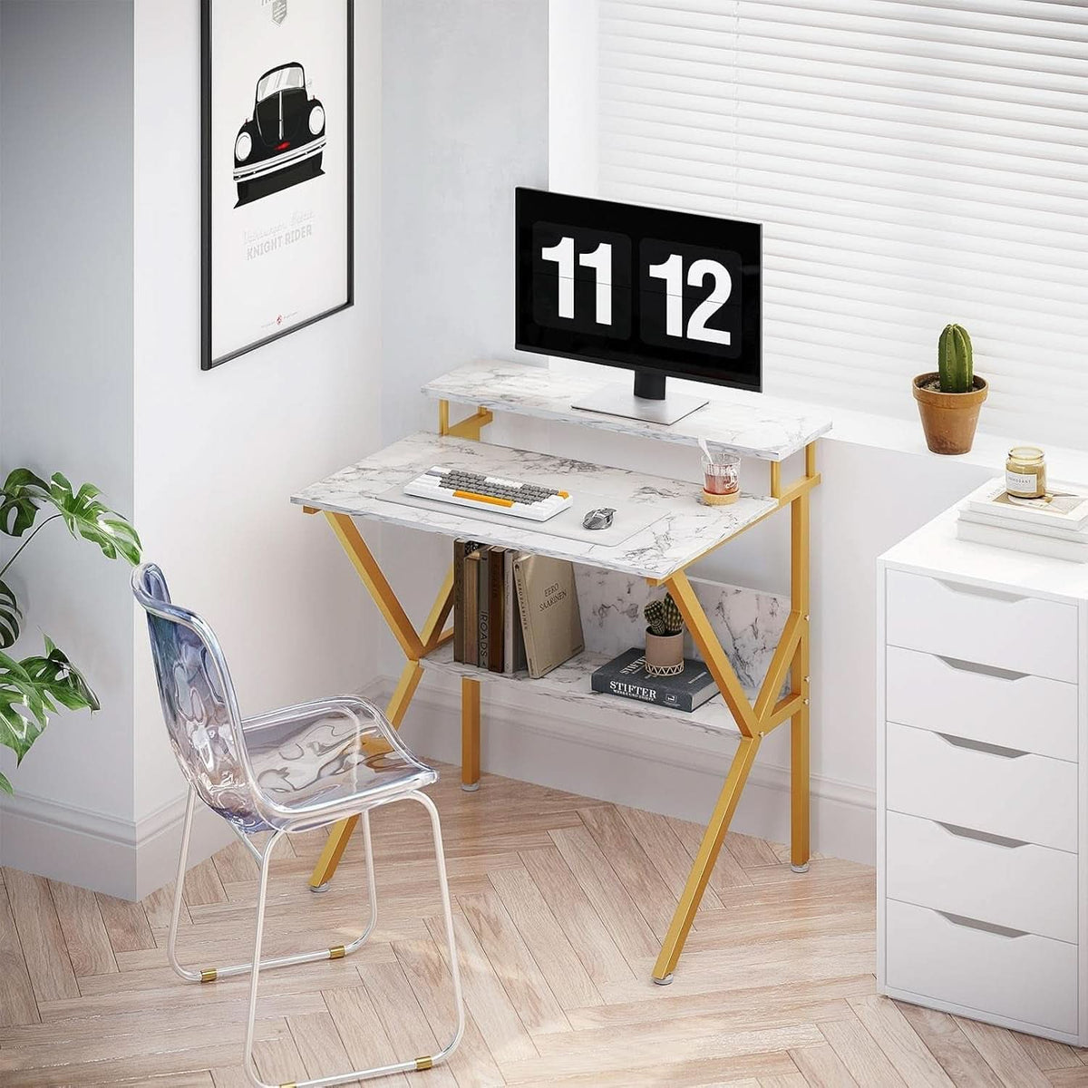 27.5 Inch Computer Desk With Monitor Stand And Storage White Marble Gold Leg
