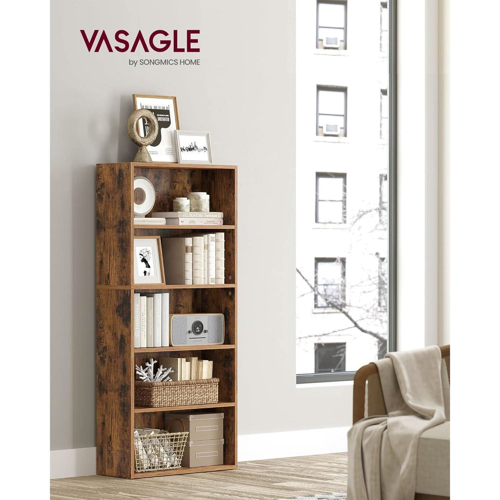 Rustic Brown Bookshelf Five Tier Adjustable Shelves