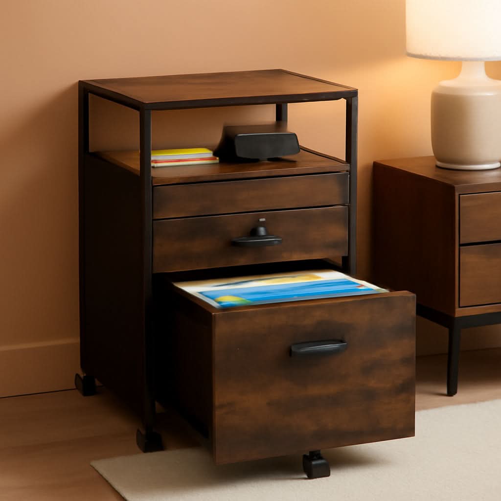 Rolling Mobile File Cabinet Drawers Open Shelf Rustic Brown