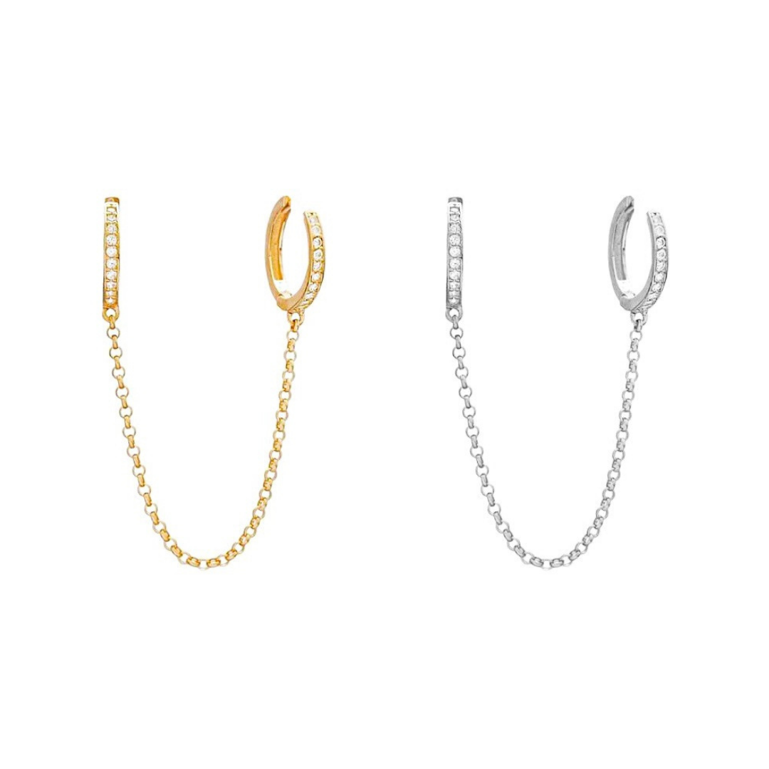 CZ Diamond Chain Ear Cuff with Hoop Earring: Gold