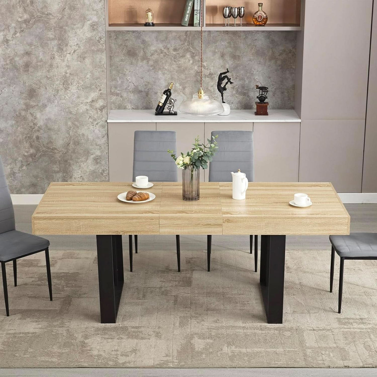 63-79 Inch Extendable Dining Table Rustic Oak Finish