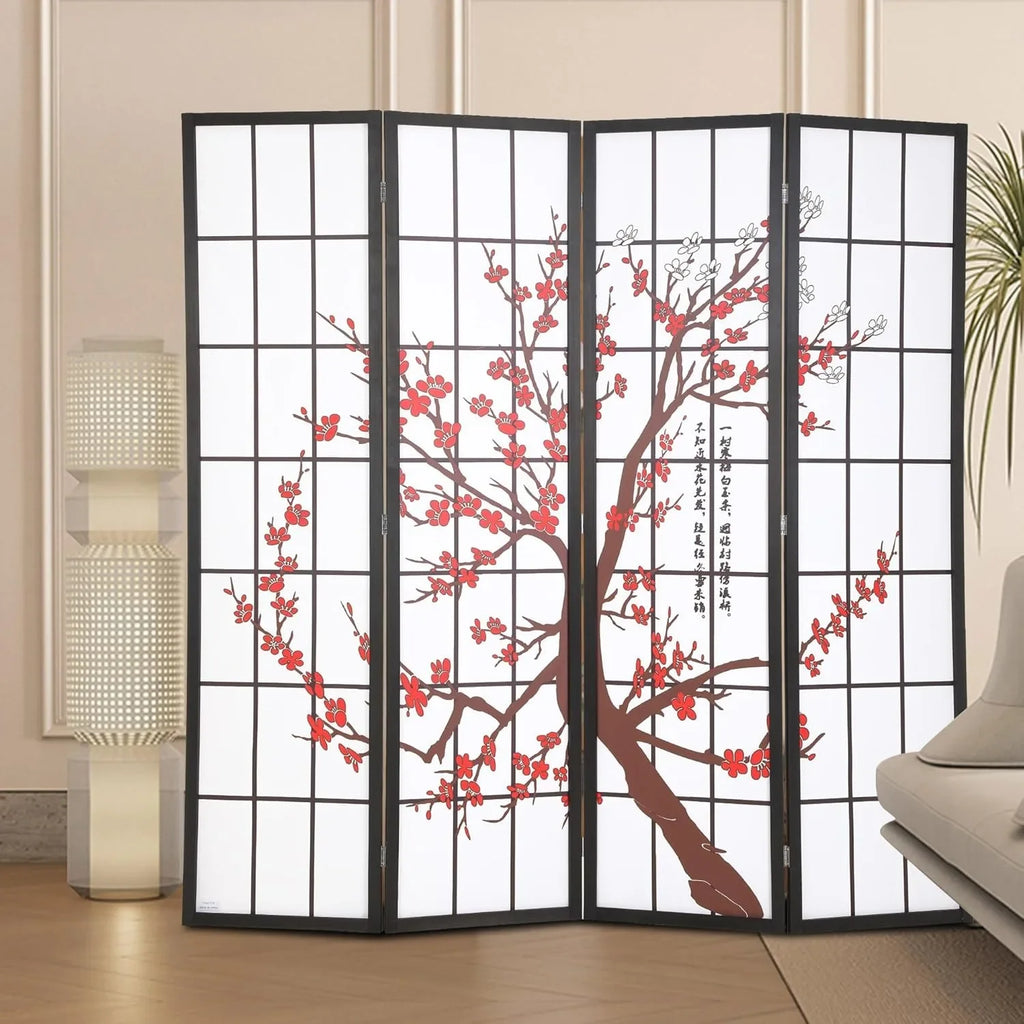 6ft Folding Privacy Divider 4 Panels Oriental Shoji Screen Wall Divider Wood Divider Portable Freestanding Partitio