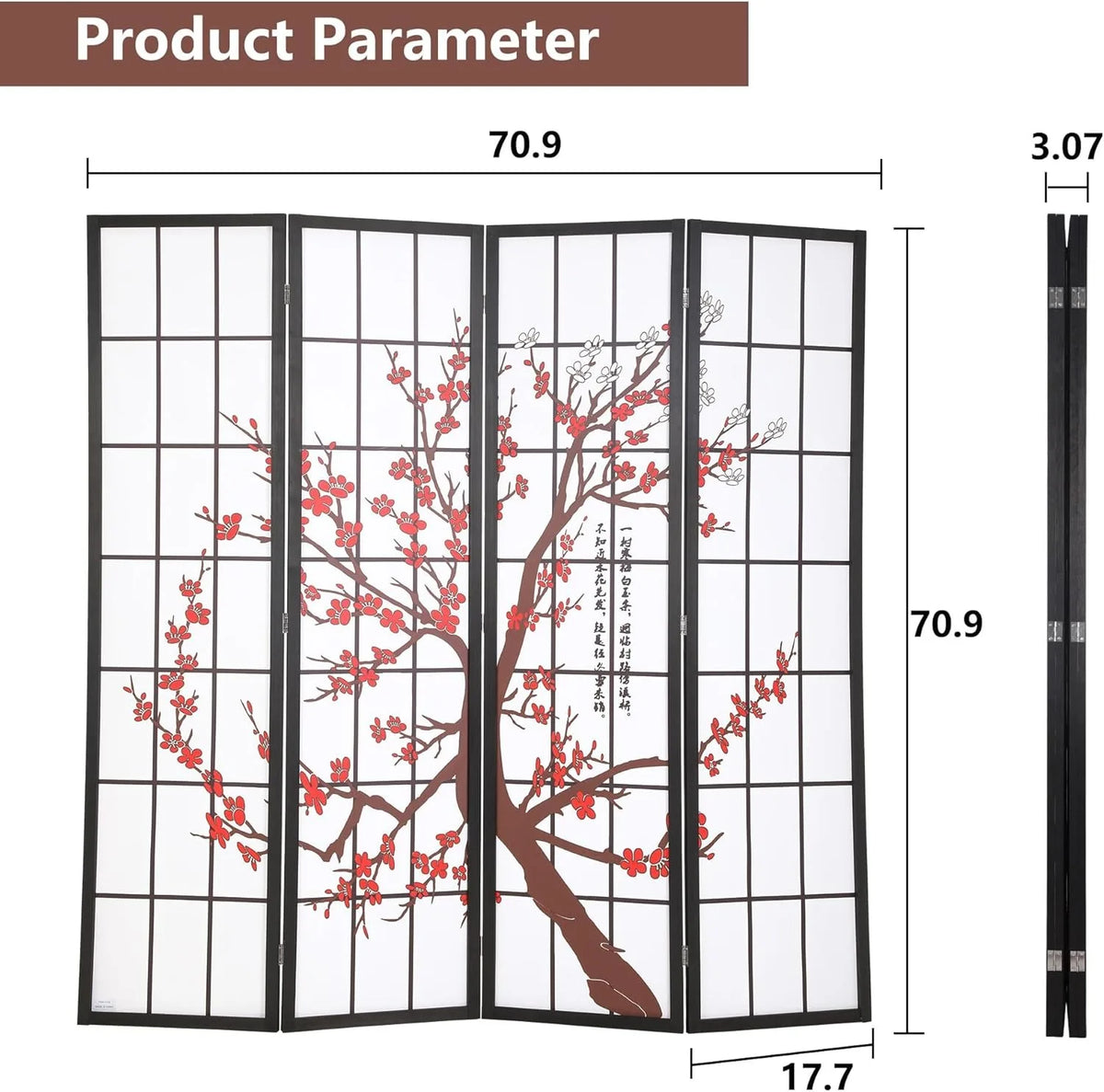 6ft Folding Privacy Divider 4 Panels Oriental Shoji Screen Wall Divider Wood Divider Portable Freestanding Partitio