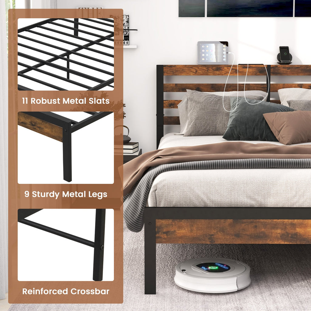 Full/Queen Size Bed Frame with Charging Station and Storage Headboard