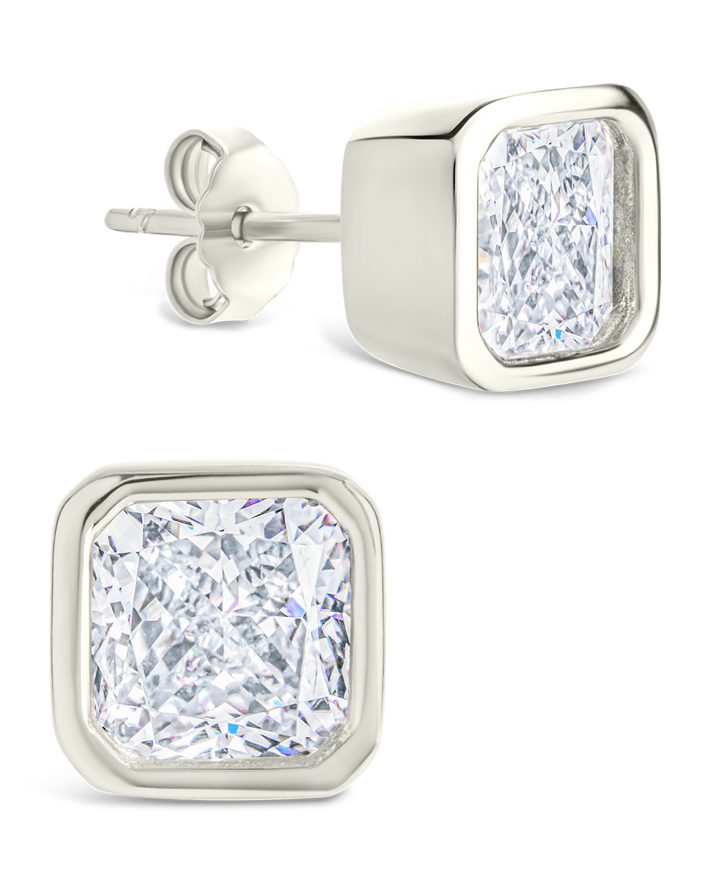 Sterling Silver Radiant Cut Bezel Set Stud Earrings