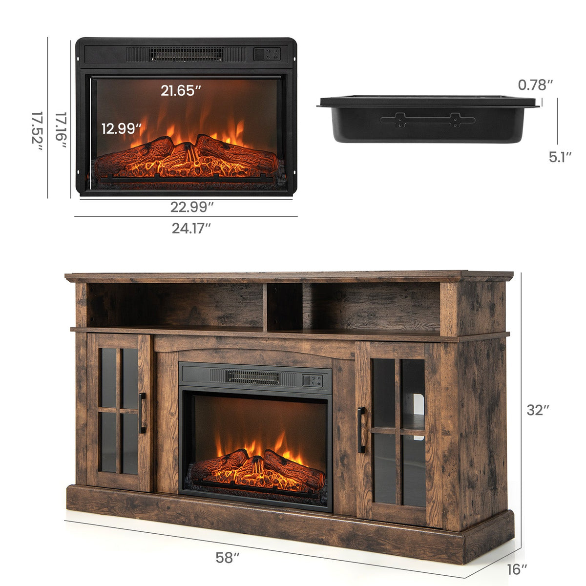 Fireplace TV Stand for TVs Up to 65 Inch with Side Cabinets and Remote Control