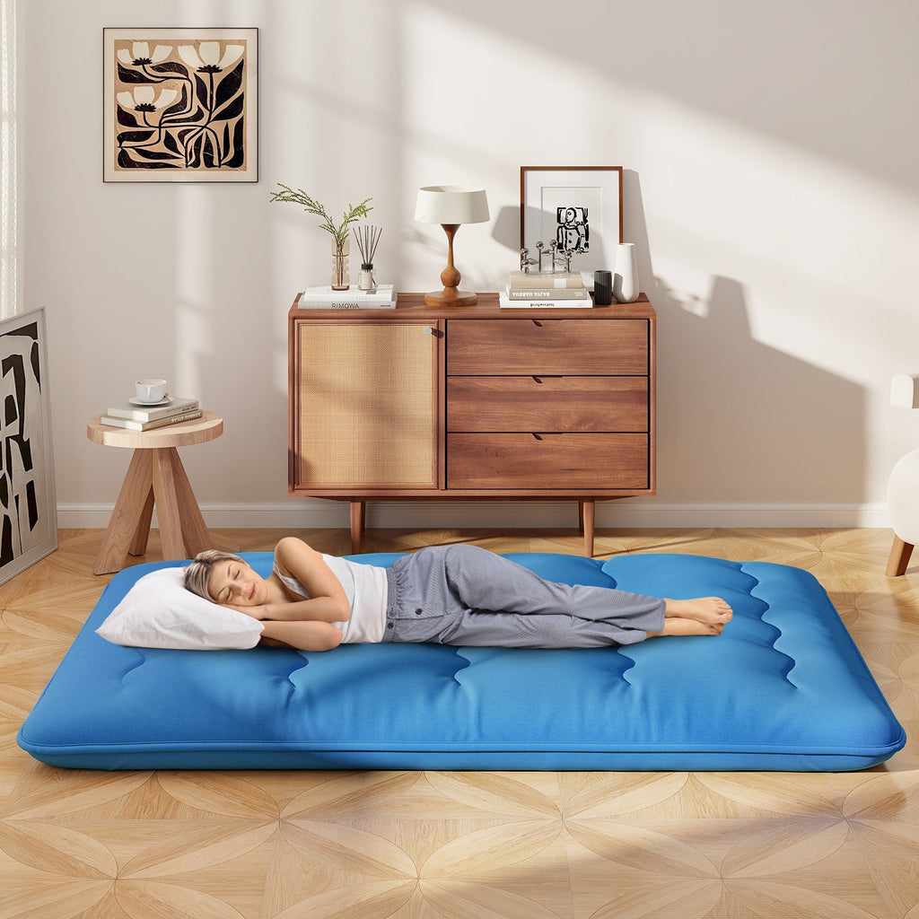 Foldable Futon Mattress with Washable Cover and Carry Bag for Camping Blue