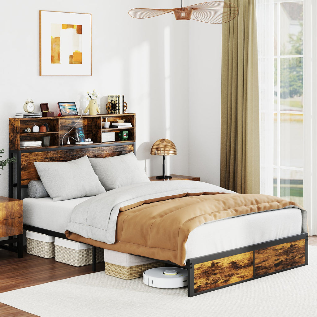 Twin/Full/Queen/King Size Bed Frame with Storage Headboard Industrial Metal Platform Bed