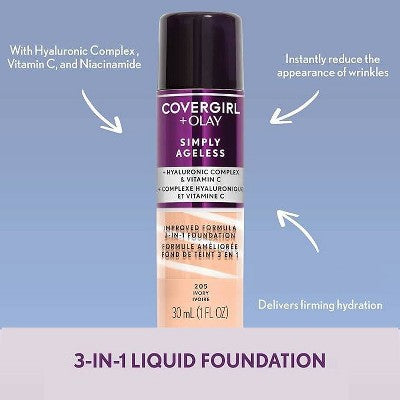 COVERGIRL + Olay Simply Ageless 3-in-1 Liquid Foundation 225 Buff Beige 1 fl oz - Imperfect Container