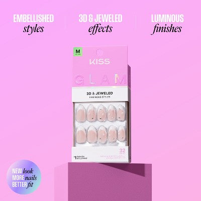 KISS Nails GLAM Jeweled Press-On Fake Nails Medium Almond Ripple 35ct - New