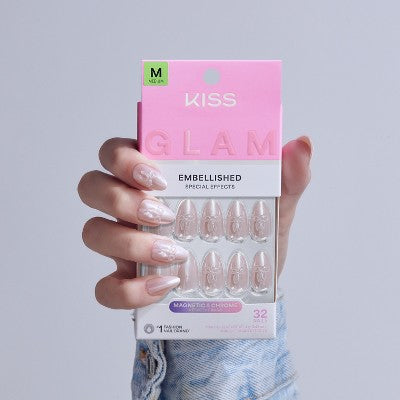 KISS Nails GLAM Jeweled Press-On Fake Nails Medium Almond Ripple 35ct - New