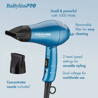 BaBylissPRO Nano Titanium Travel Hair Dryer Blue 1000W - New