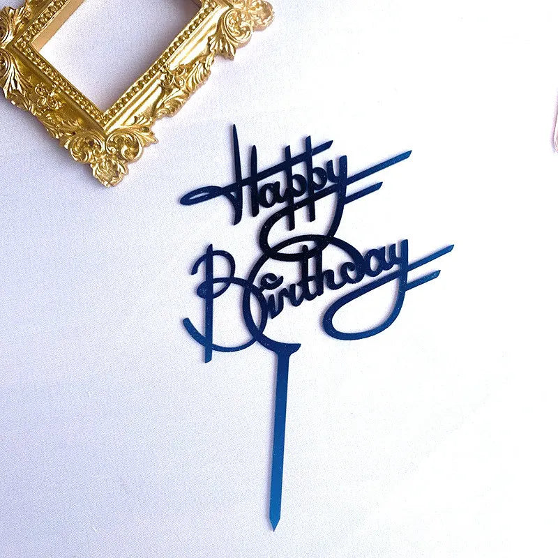 Ins Golden Happy Birthday Cake Topper Black Acrylic Birthday Party Cake Topper Cake for Baby Shower Dessert Decoration Gift Flag