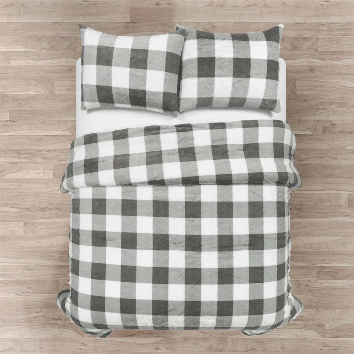 King Size Plaid Soft Faux Fur Comforter Set in Black White Grey