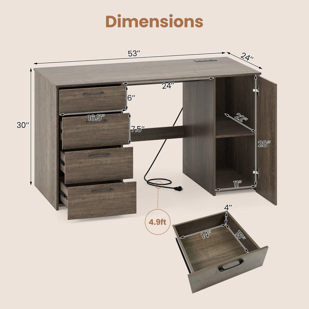 53 Inches Computer Desk with Power Outlets and 4 Storage Drawers
