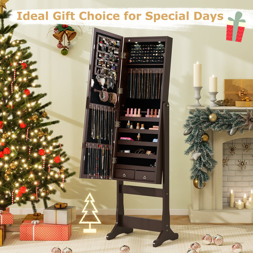 Lockable Mirrored Jewelry Cabinet with Stand and Led Lights-Brown