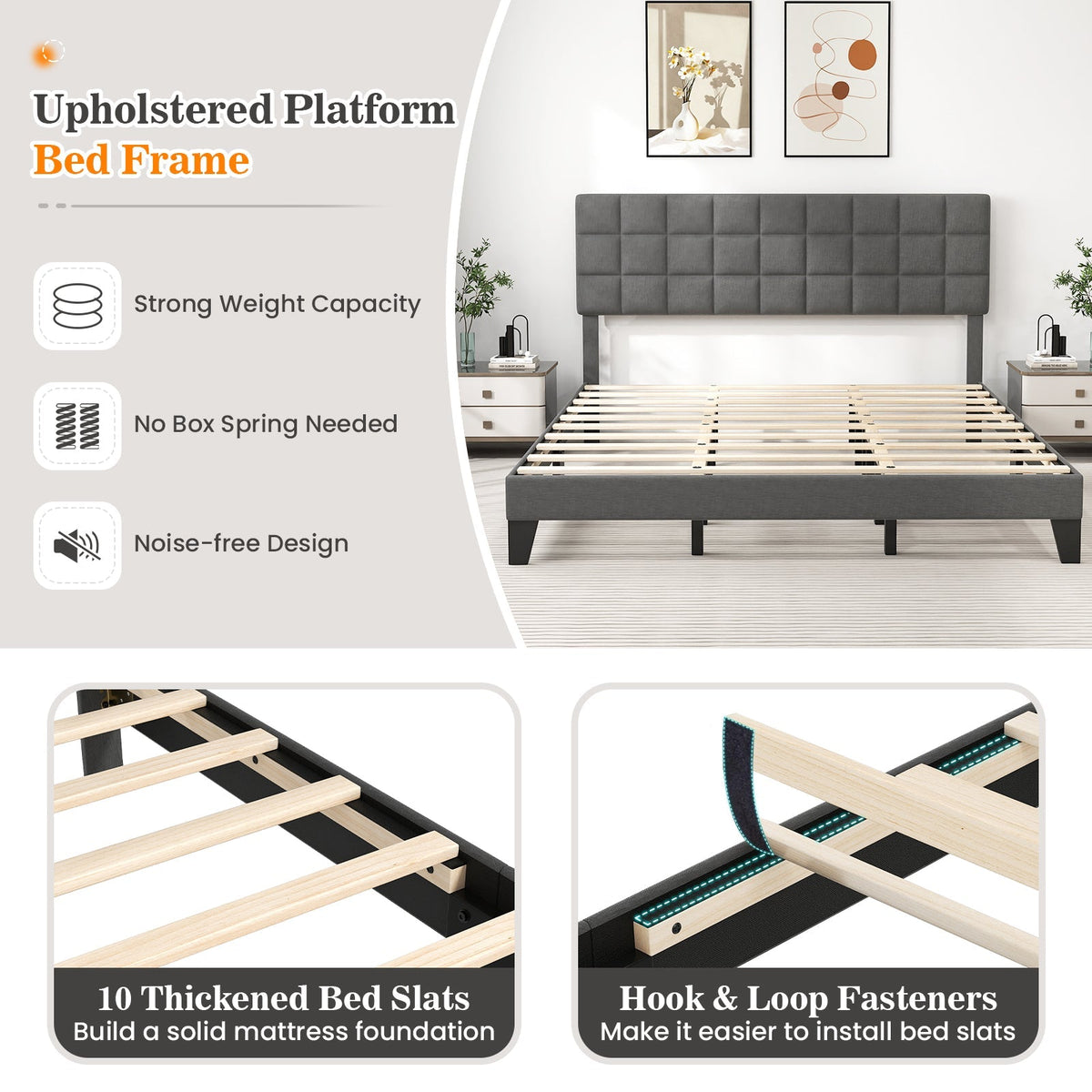 King Size Modern Linen Bed Frame with Adjustable Headboard-Gray