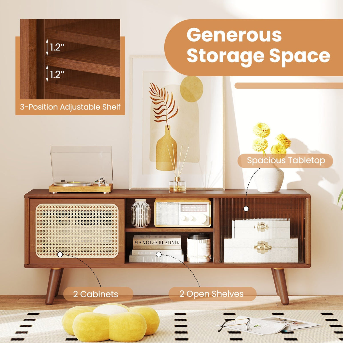 Modern TV Stand with Rattan Glass Sliding Doors