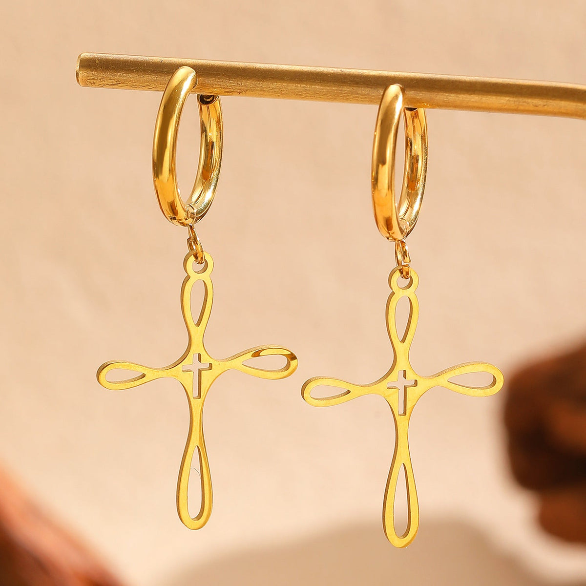 Cross Pendant Stainless Steel Clavicle Chain & Earrings Set Simple Daily Jewelry