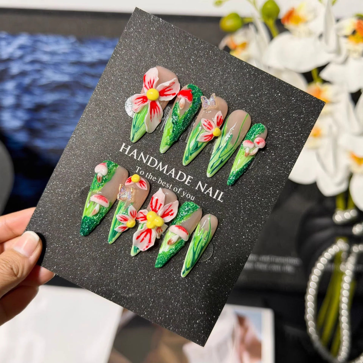 Premium Press on Nails 3D Carving Pinch Mushroom Nail Premium Handmade Nail Sheet Batch