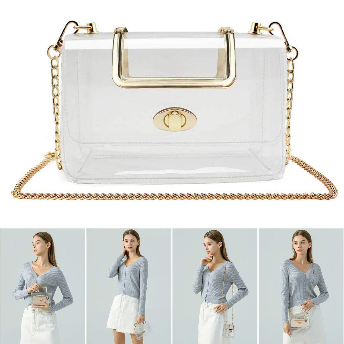Women's Transparent evening Clutch Bag – Stylish Clear Crossbody Shoulder purse with Removable Gold Chain Strap