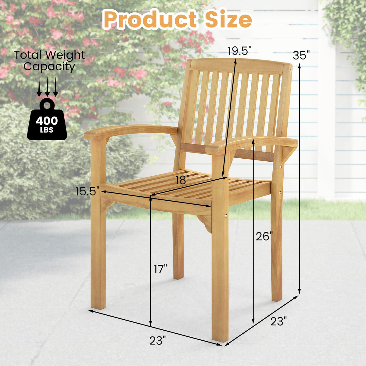 Set of 2 Outdoor Patio Chair with Slatted Seat and Curved Seat