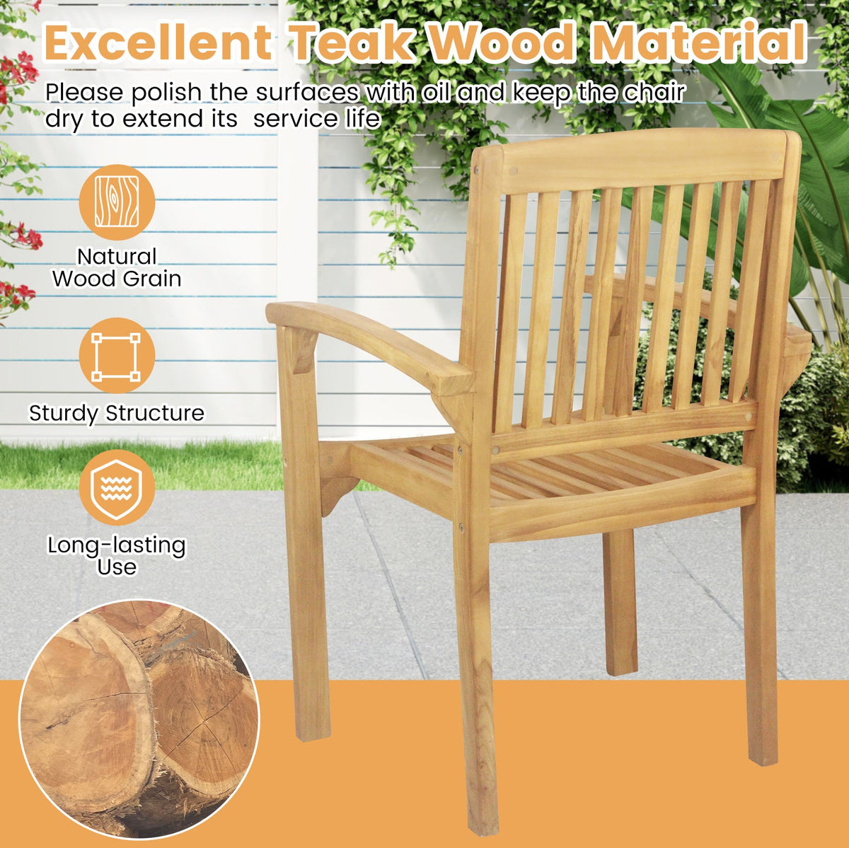 Set of 2 Outdoor Patio Chair with Slatted Seat and Curved Seat