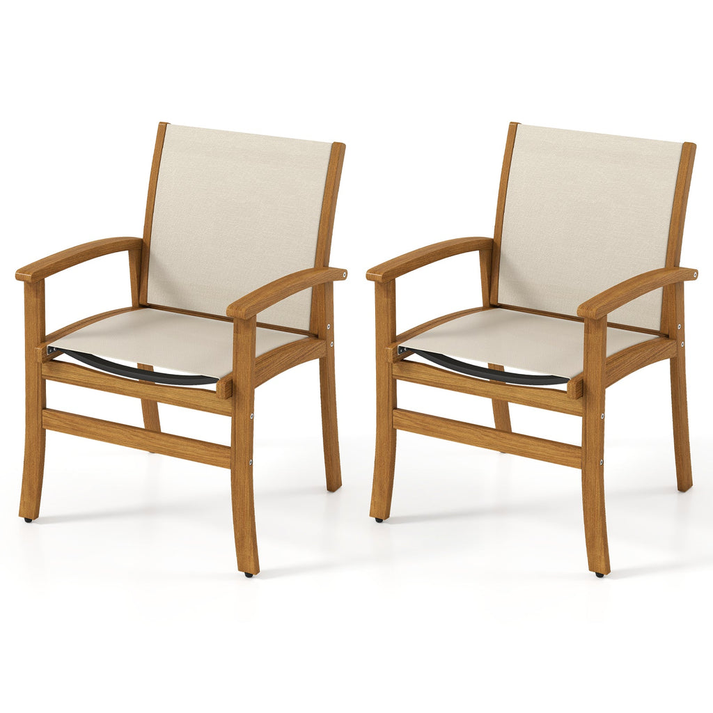 Patio Chairs Set of 2 Acacia Wood Armchairs with Breathable Fabric Back and Seat