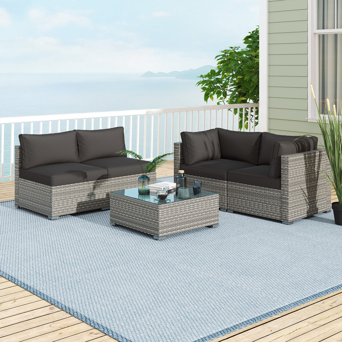 5-Piece Outdoor Patio Sectional Sofa Couch and Glass Coffee Table with Cushions