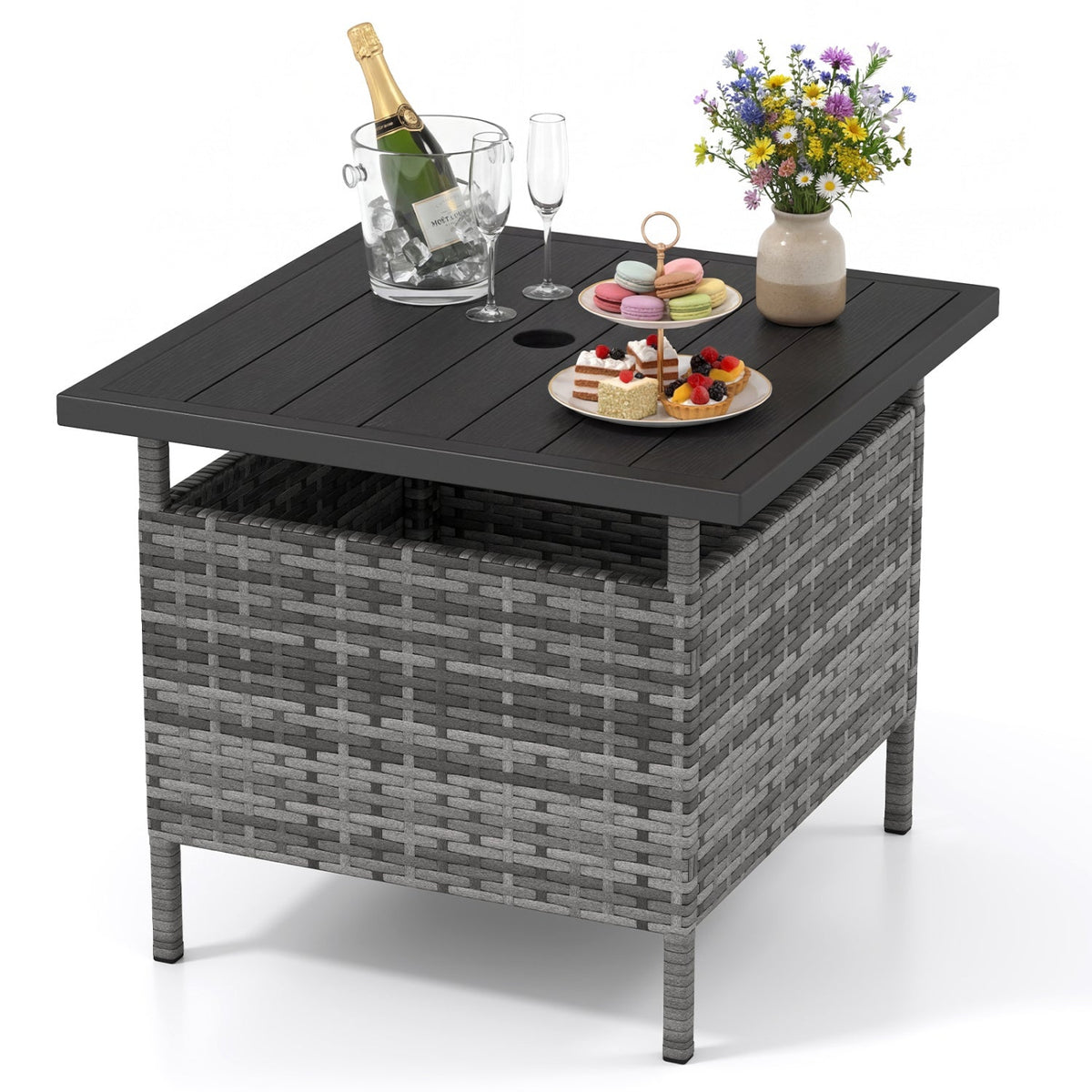 Patio Square Wicker Side Table with Umbrella Hole for Yard Garden Poolside