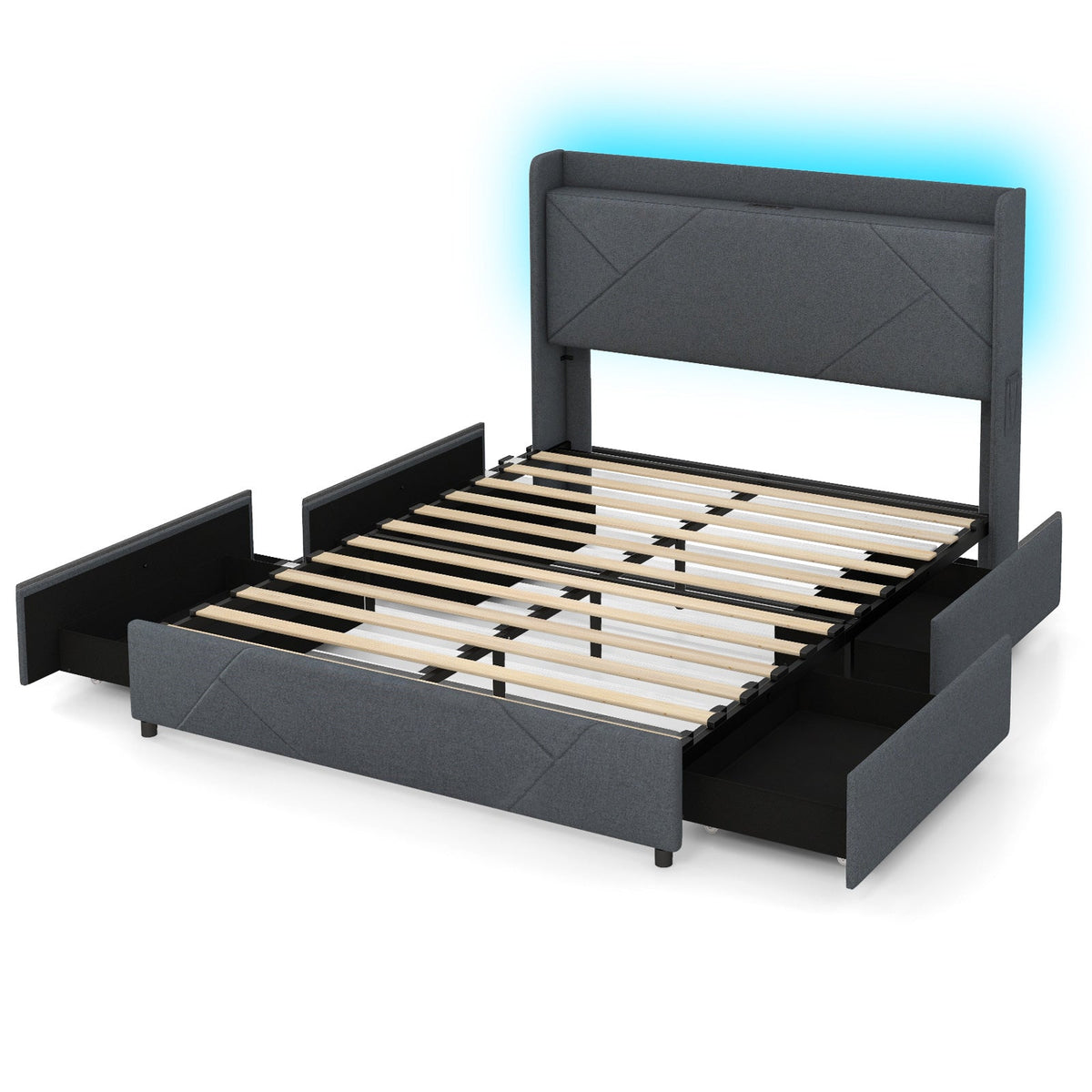 Full/Queen Size Bed Frame with LED Lights and Charging Station