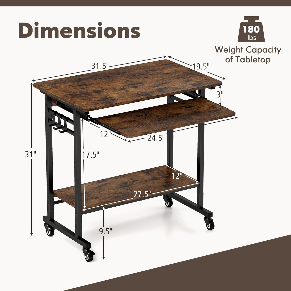 Rolling Laptop Table with Pull-out Keyboard Tray and Hooks