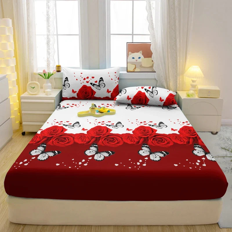 1 Simple Modern Plant Flower Butterfly Printed Matte Fitted Sheet, Bedroom Printed Bed Cover, Bedding (Excluding Pillowcases)