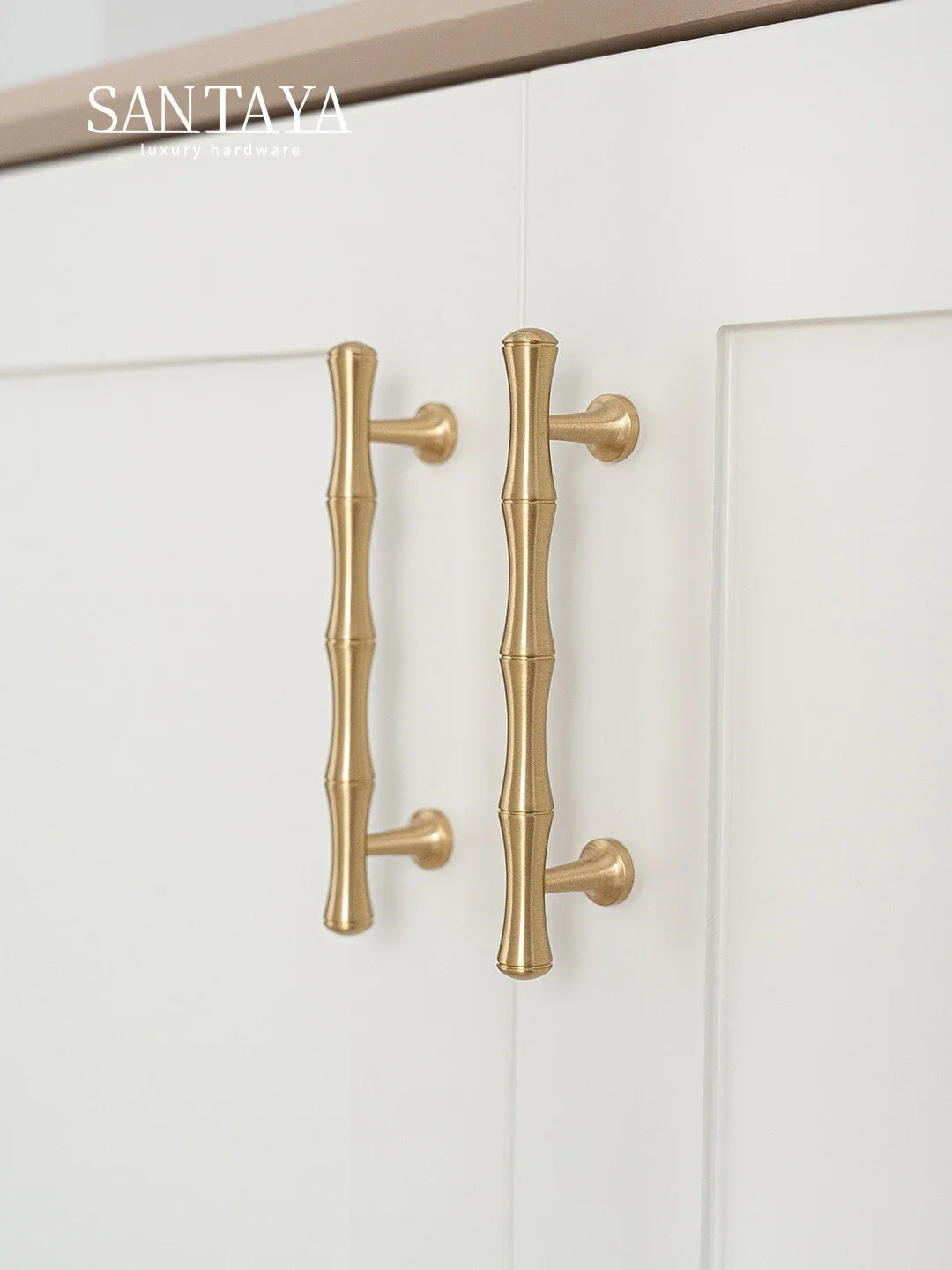 Santaya Solid Brushed Brass Handle Bamboo Kitchen Cabinet Pull Wardrobe Drawer Knob