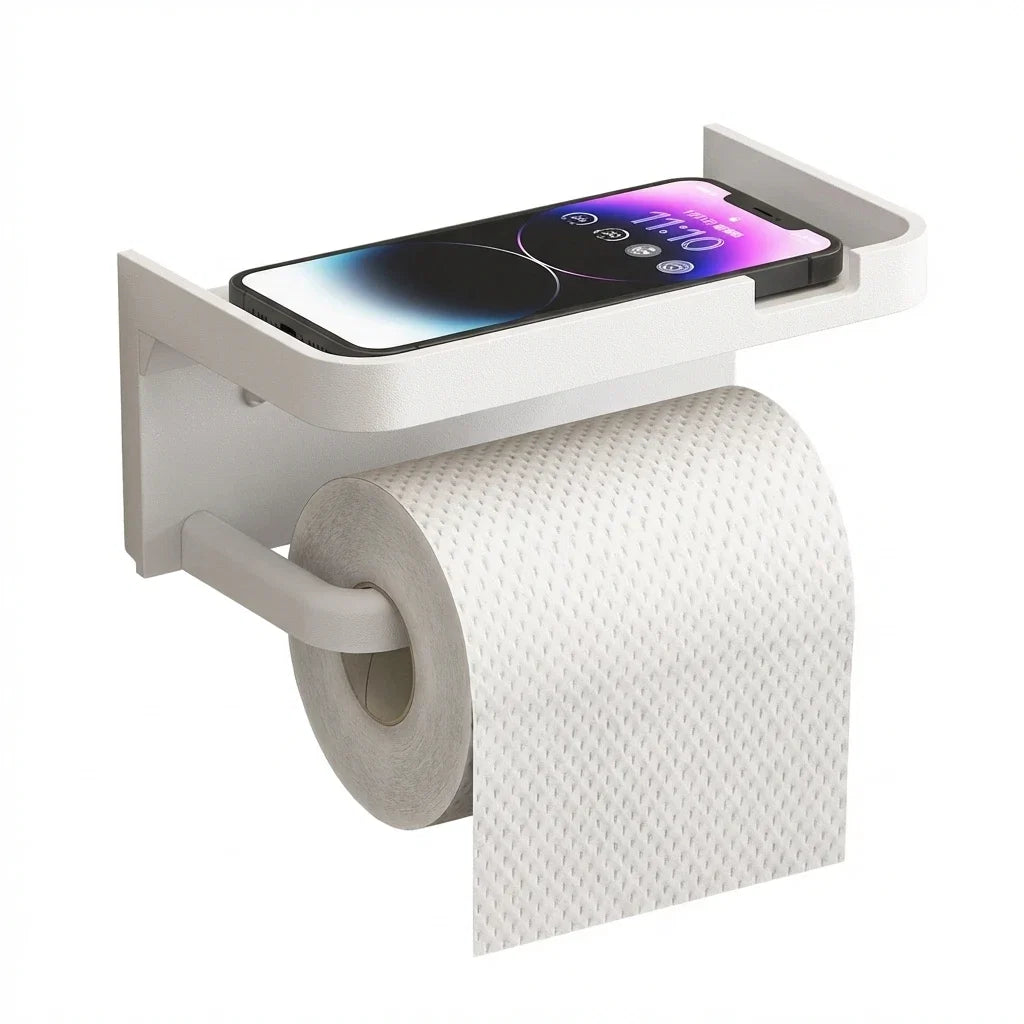 1 Pack Wall-Mounted No-Drill Toilet Paper Holder with Shelf Phone Holder Bathroom Tissue Roll Dispenser Polypropylene Material