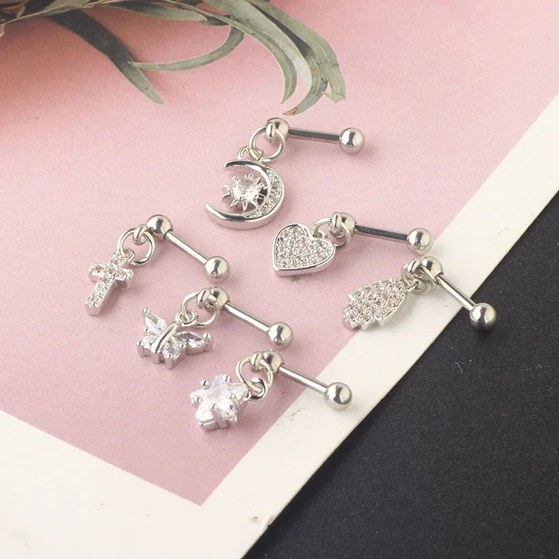 Moon Star Tragus Earring | Cz Cartilage Stud for Helix Daith Rook Piercing