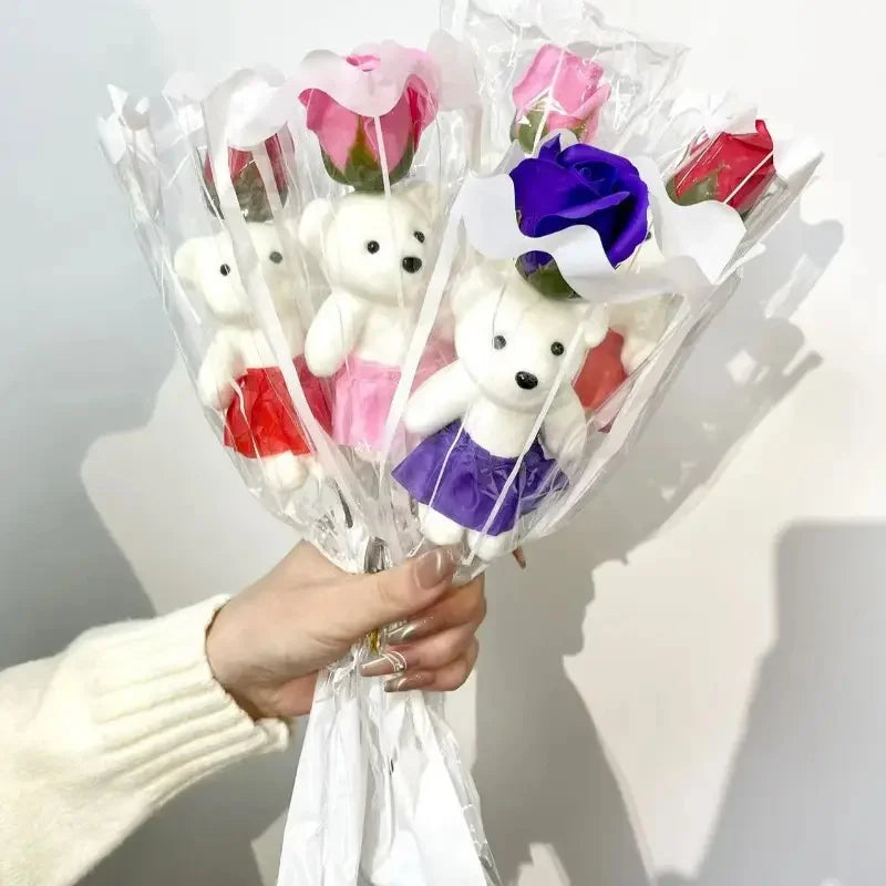 5PCS Artificial Rose Bear Flowers Soap Bouquet Set Lovely Flower Gift for Mother's Day Valentine's Birthday Wedding Home Decor