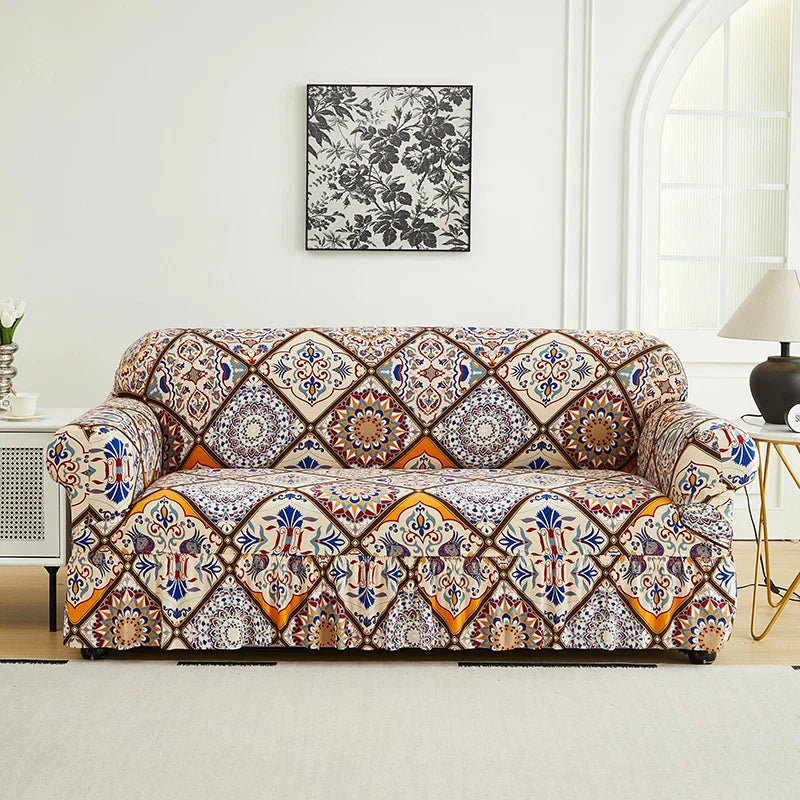 1 PC Printed sofa cover with skirt high elasticity soft hand feel pet stain resistant decorative sofa