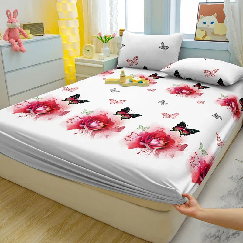 1 Simple Modern Plant Flower Butterfly Printed Matte Fitted Sheet, Bedroom Printed Bed Cover, Bedding (Excluding Pillowcases)