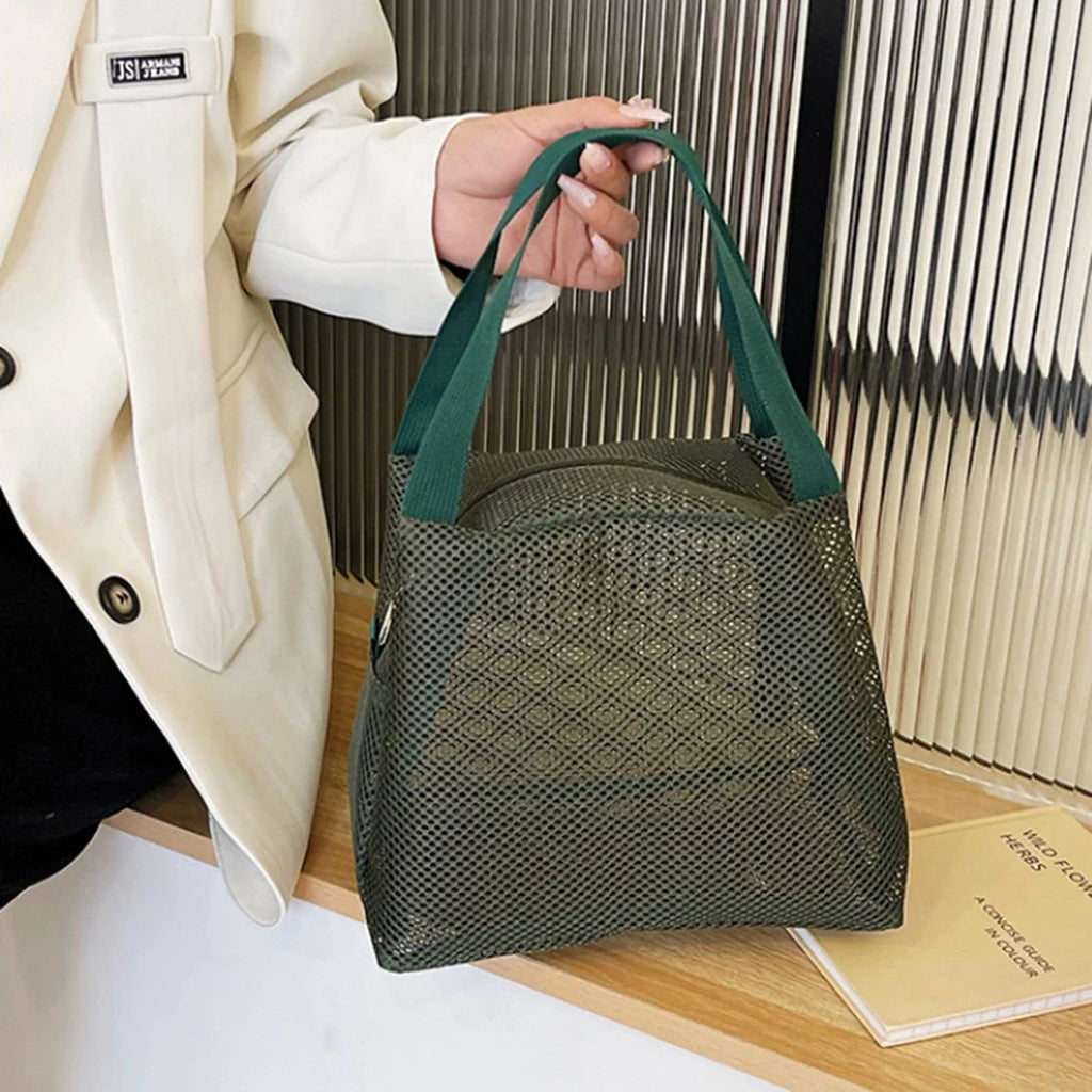Large Capacity Travel Mesh Bag with Handle Portable Cosmetic Zipper Pouch Makeup Toiletry Beach Bag - New Design