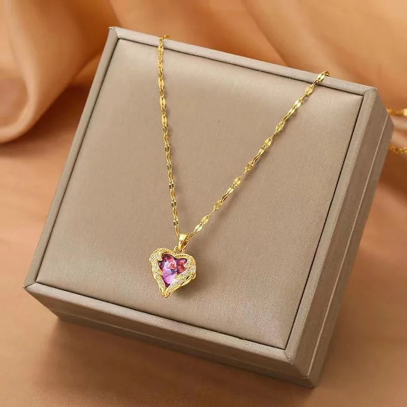 Stainless Steel Crystal Heart Pendant Necklace | Ocean Blue Jewelry for Women