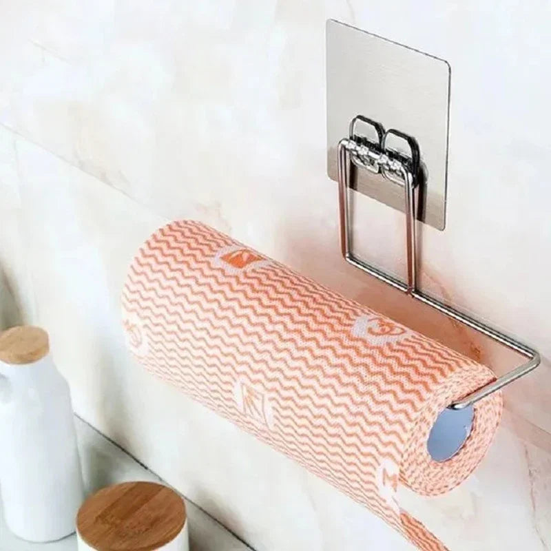 1/4 Of The Kitchen Wall Hanging Paper Towel Rack, Perforation-Free Dish Cloth, Plastic Wrap Stainless Steel Organizer Hooks