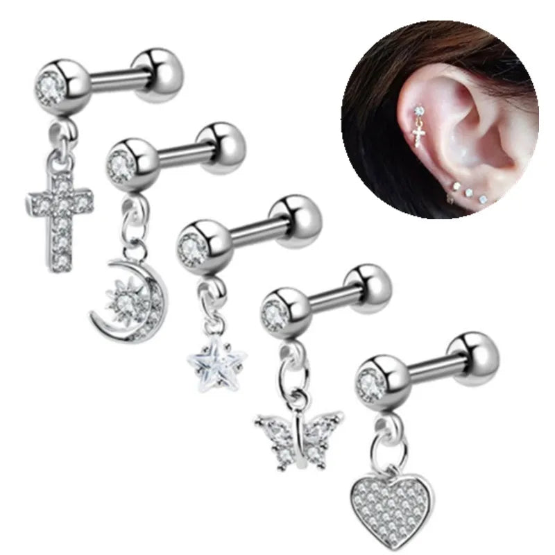 Moon Star Tragus Earring | Cz Cartilage Stud for Helix Daith Rook Piercing