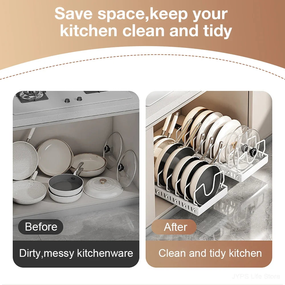 Pull out Pots and Pans Organizer Sliding Pot Lid Holder Kitchen Spice Rack Tableware Organizer Multifunctional Dish Drying Racks