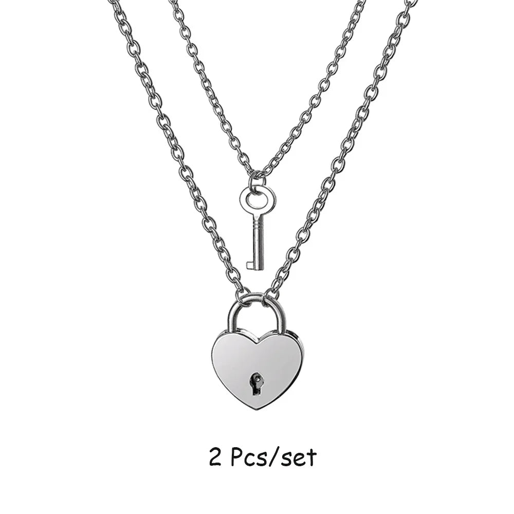 Romantic Couple Key and Heart Pendant Necklace Set | Stainless Steel Lovers Jewelry Gift