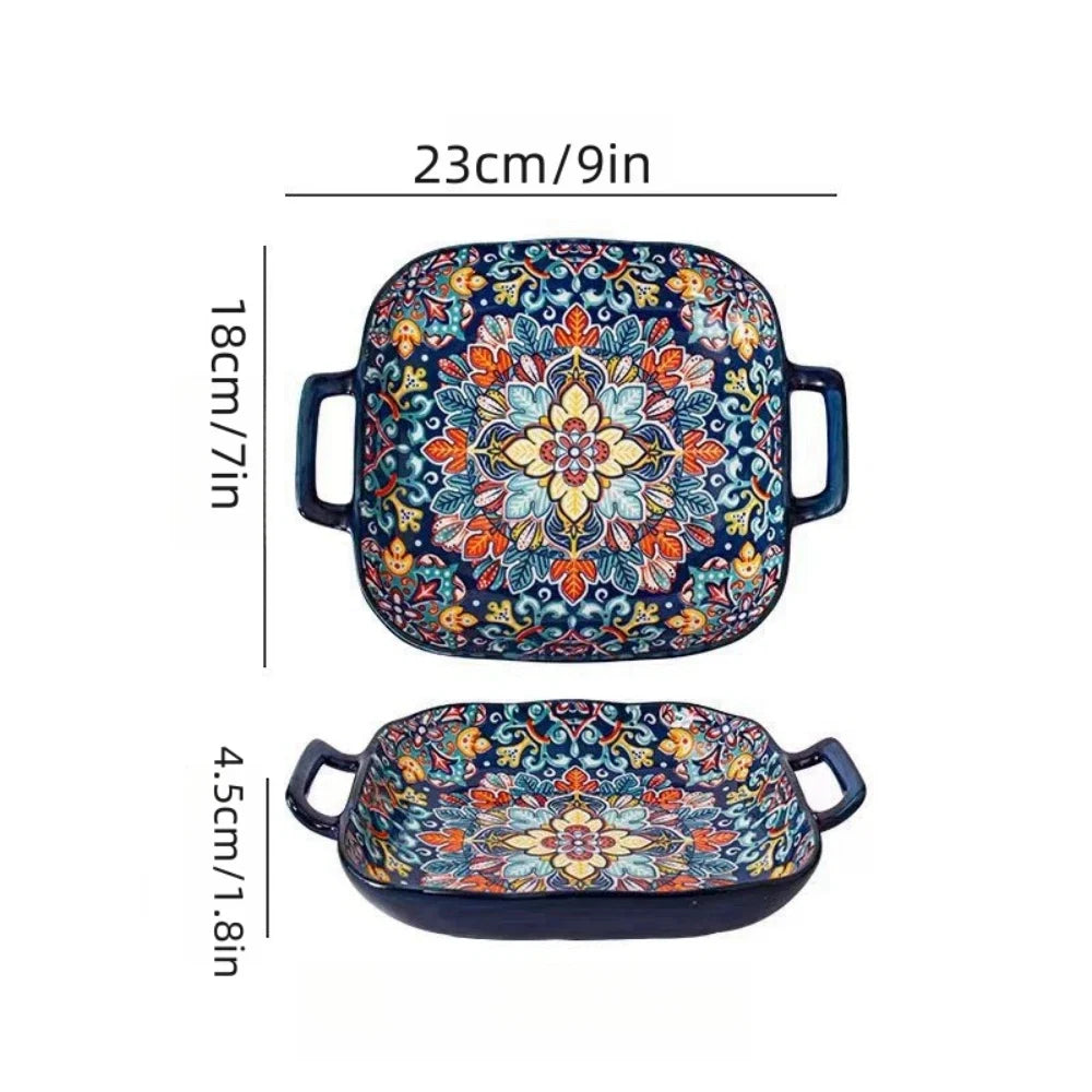 1 piece of 9-inch Bohemian style salad plate with double ear ceramic pasta dish, can be used for oven, microwave